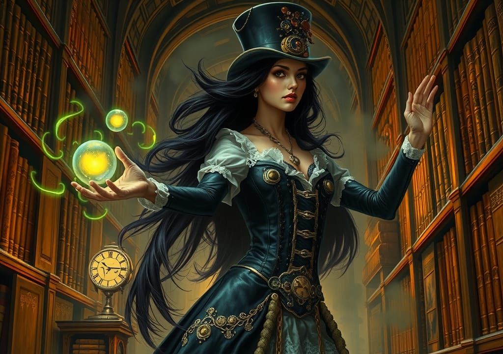 Steampunk Zatanna Zatara in Library, Oil Painting