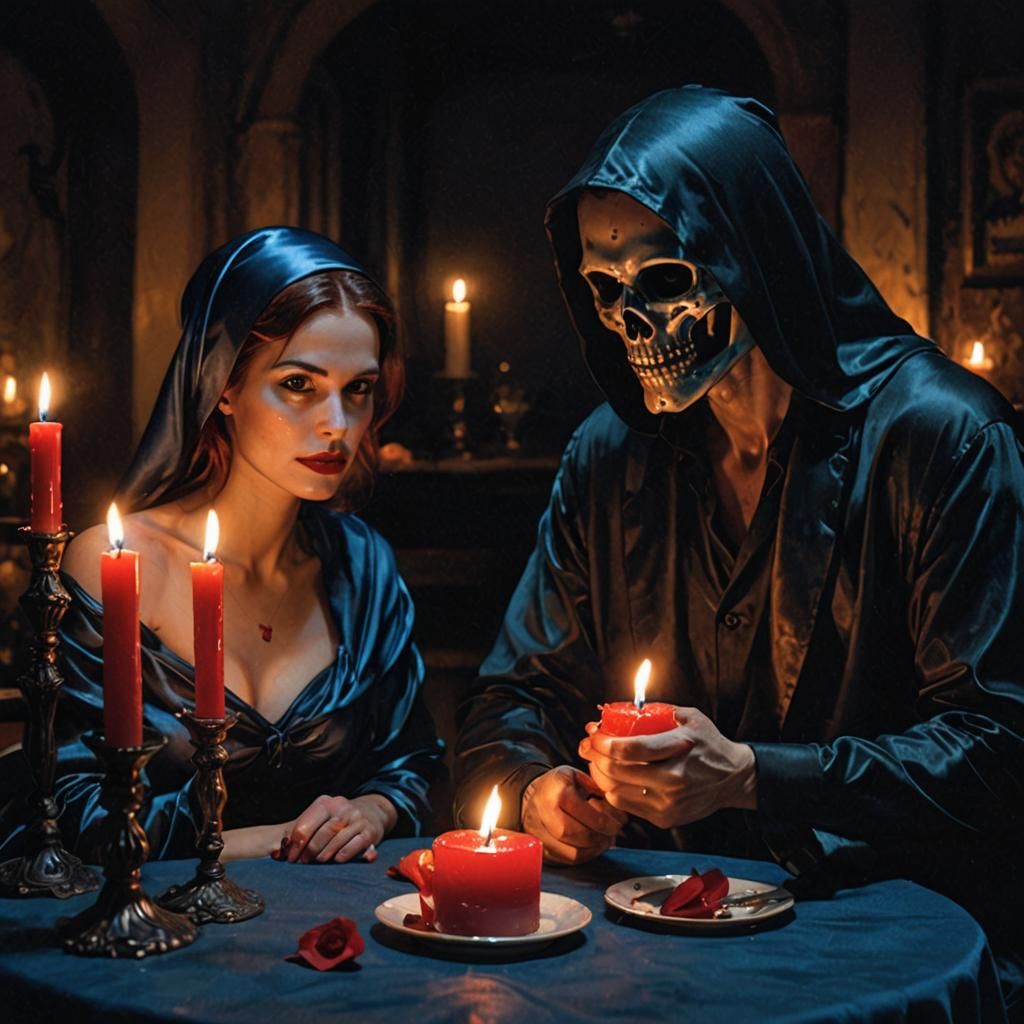 Grim Reapers' Romantic Date in Tenebrism Style