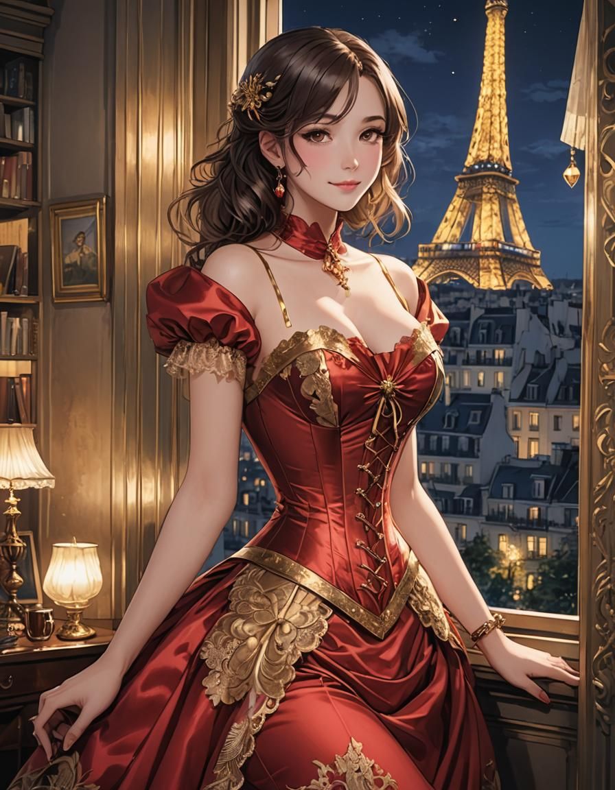 A gorgeous young curvy French woman in a red And gold satin ...