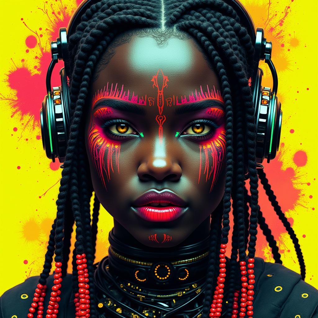 Afrofuturistic Cyberpunk Warrior with Tribal Face Paint