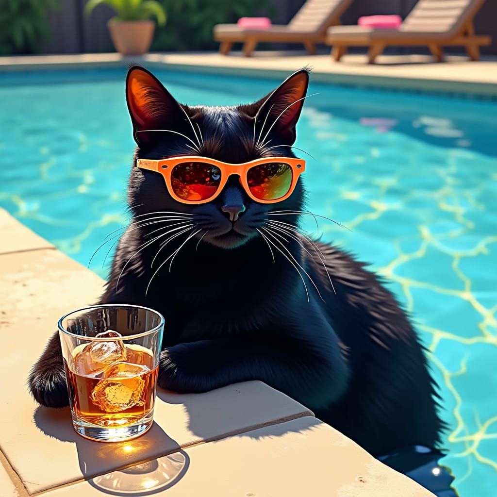 Sleek Black Cat Enjoys Whiskey by the Pool in Vibrant, Expre...