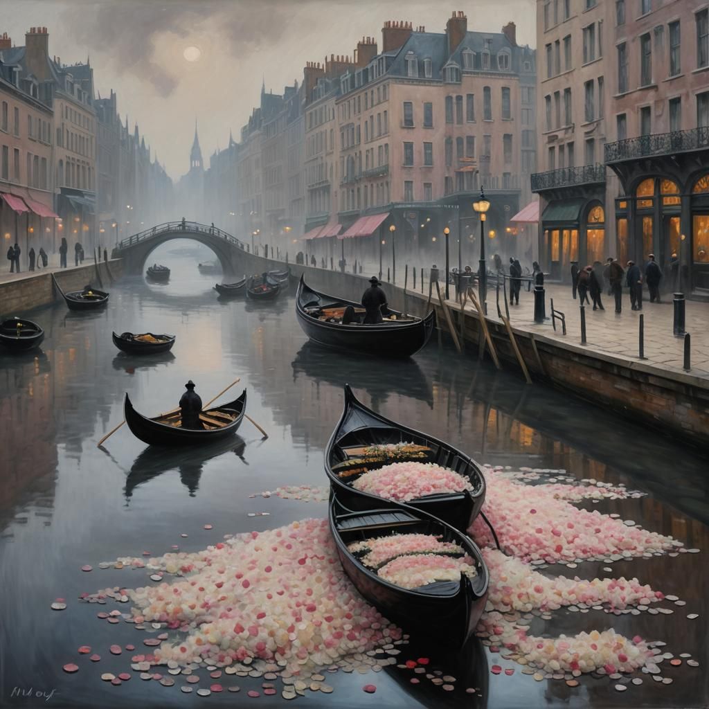 Sinister Black Gondola on Industrial Canal, Rutkowski Style