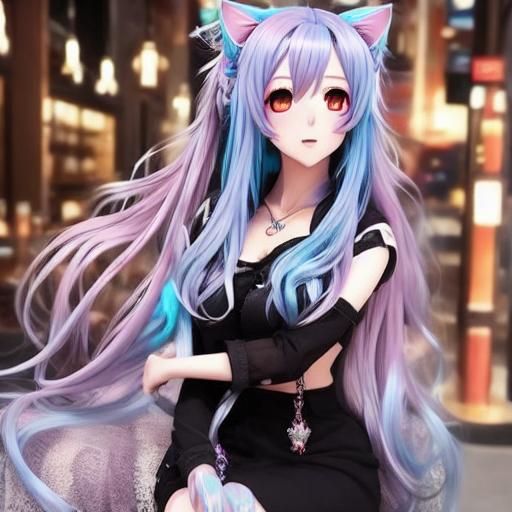 Cute Anime Girl with Blue Hair and Cat Ears