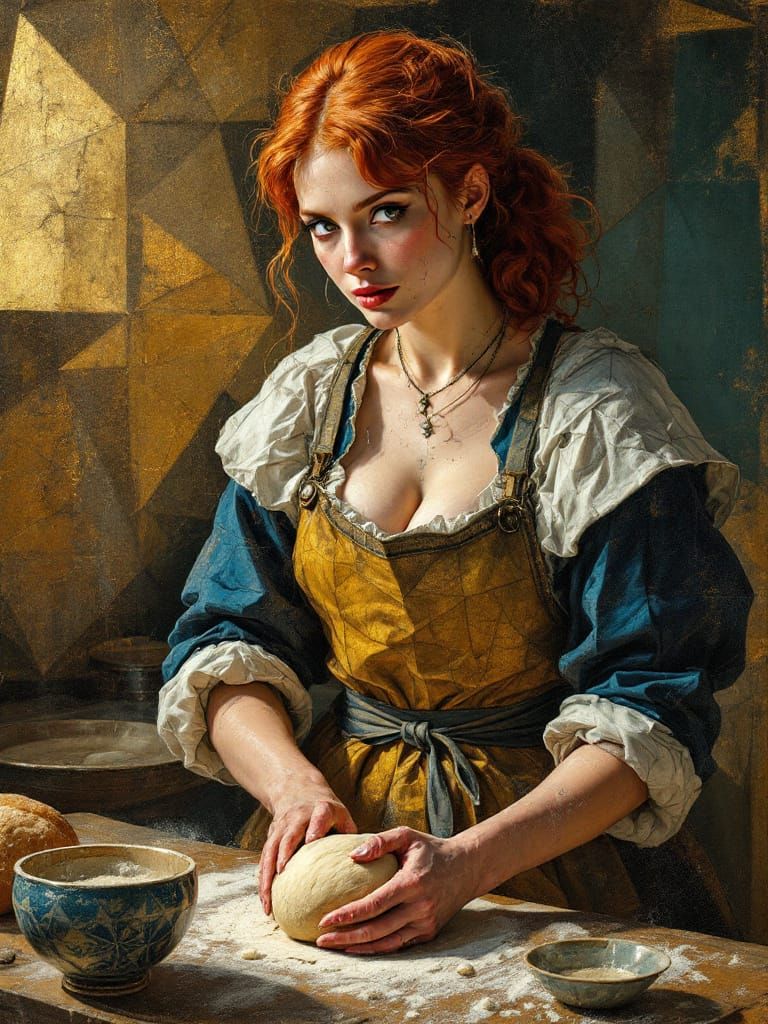 Redhead Baker Kneading Dough in Geometric Byzantine Style