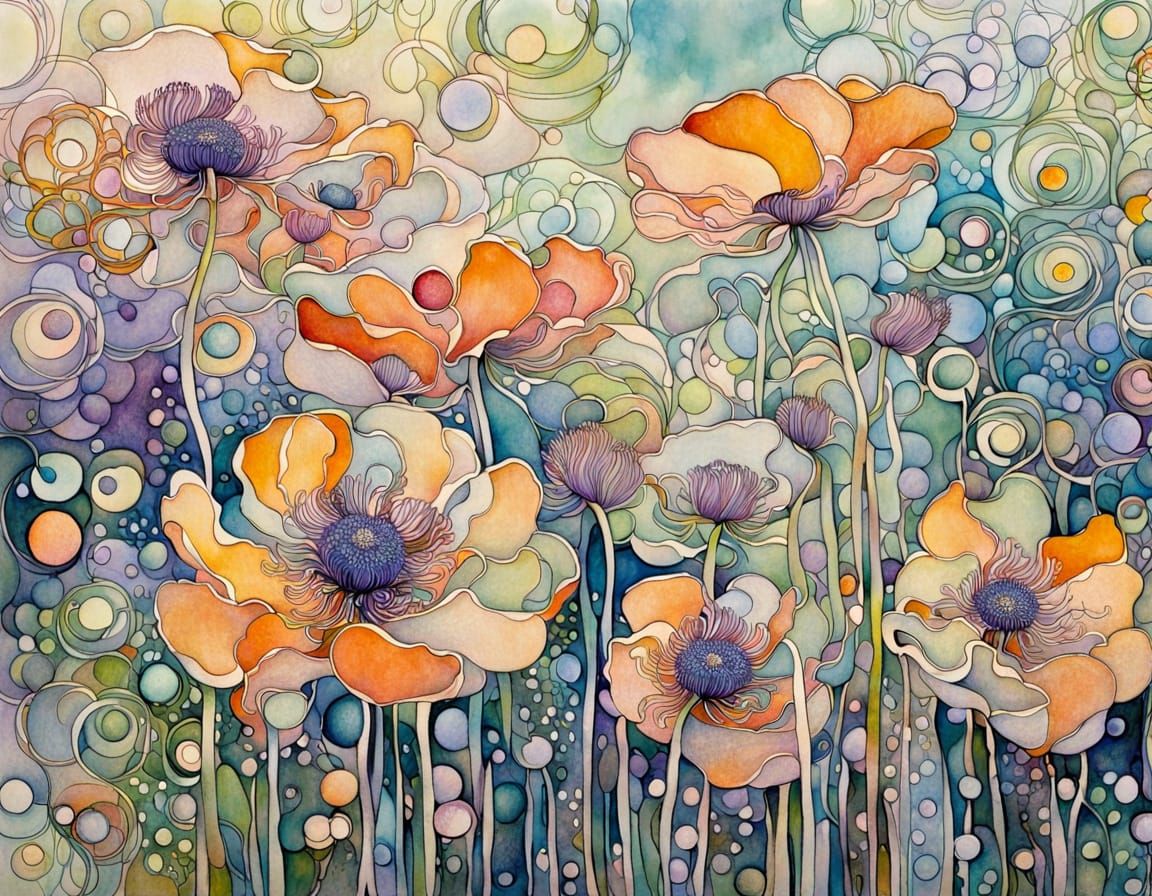 Abstract Wind Anemone Flowers in Watercolor and Ink