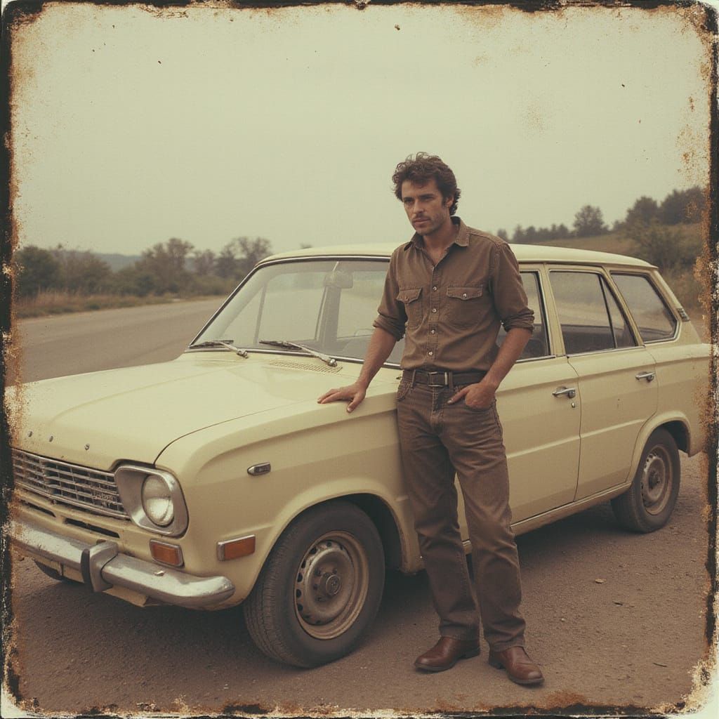 1970s Man and Ford Cortina in Polaroid Style