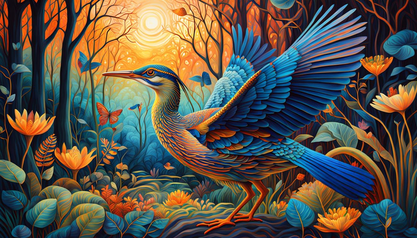 Ethereal Sunbittern Rises in Vibrant, Whimsical Bio Art