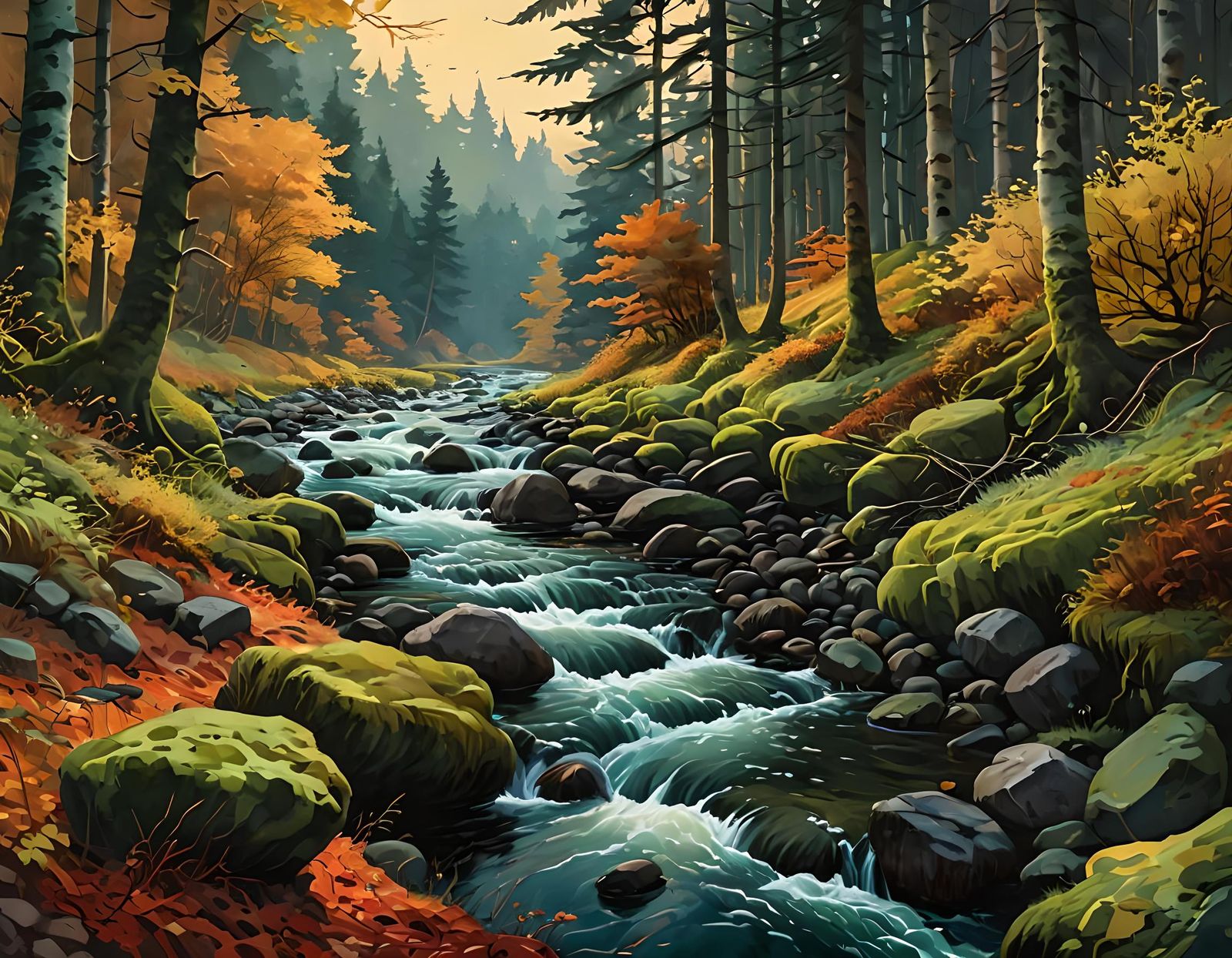 Autumn Forest River in Gouache Style Masterpiece