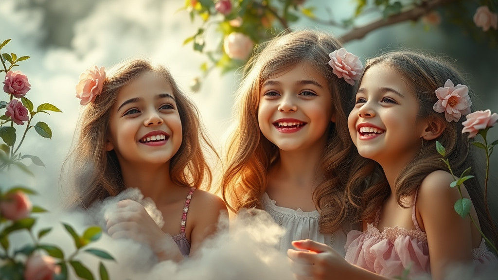 Ethereal Girls Laughing in a Mystical Pank Art Realm