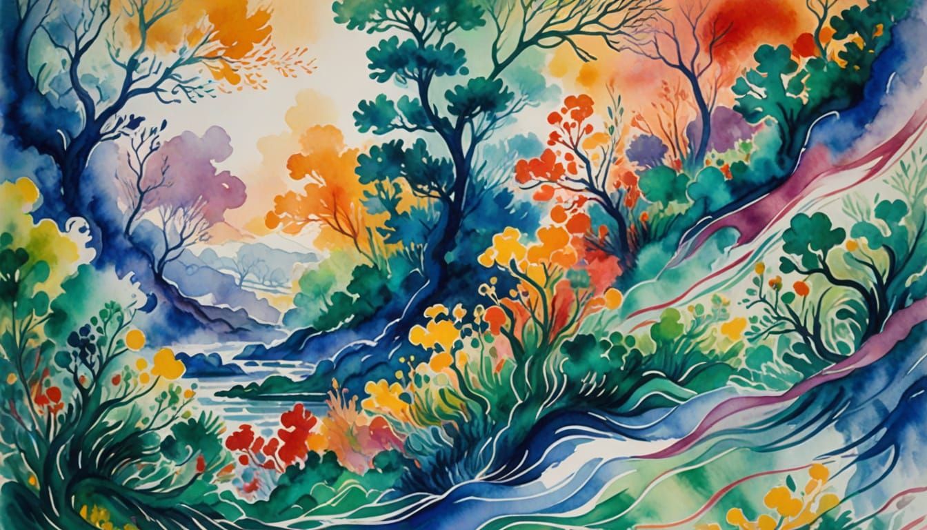 Abstract Engineering Concepts in Dreamlike Watercolor Landsc...