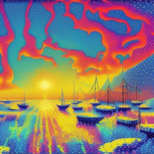 Surreal Sunrise Scene with Pointillist Elements