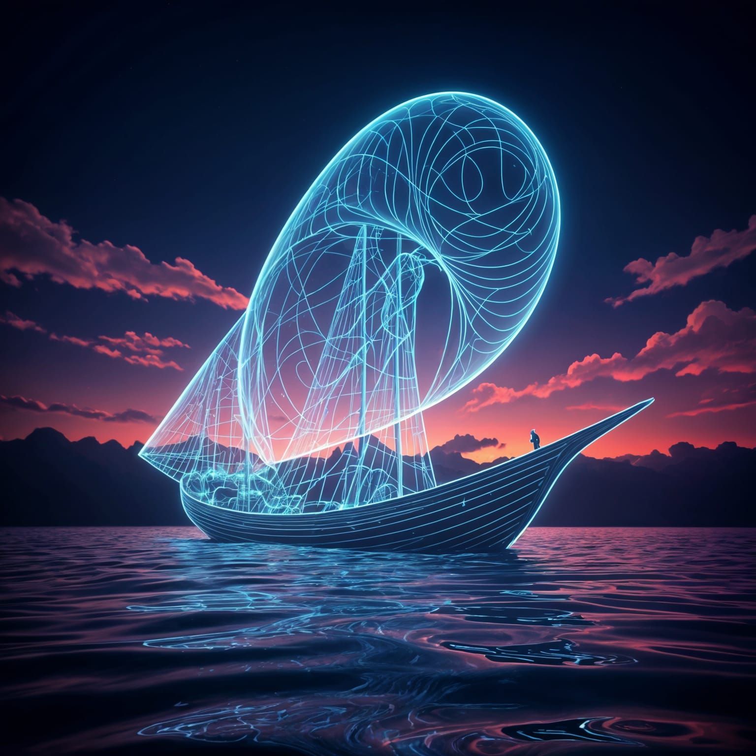 Luminous Neon Ship on River: Digital Art Masterpiece