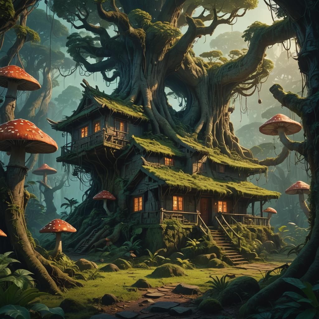 Mystical Nipa House in Glowing Jungle Concept Art