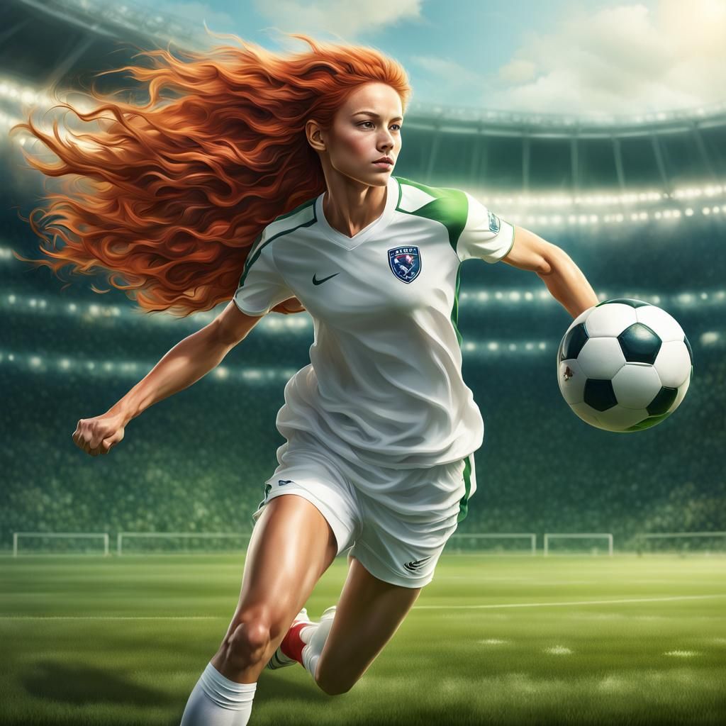 Athletic Soccer Girl Running on Green Field