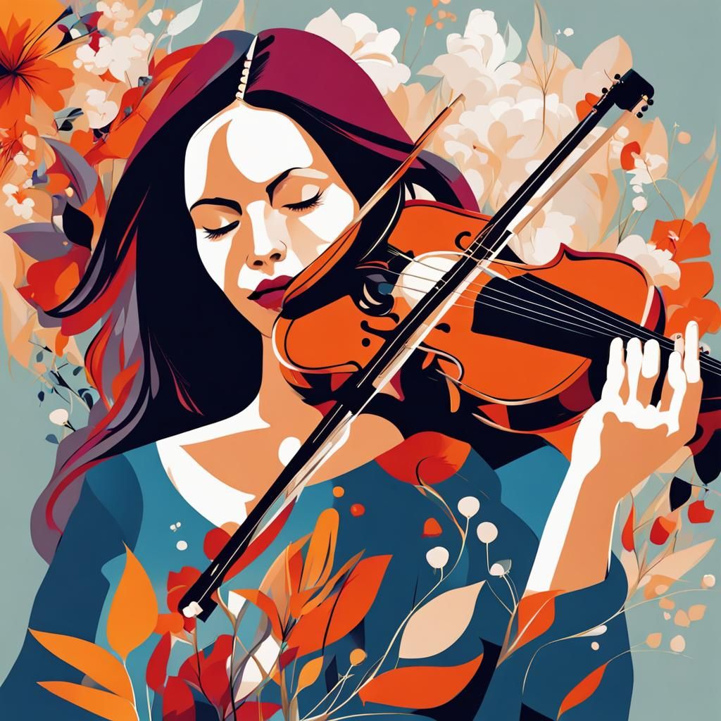 Woman Playing Violin Surrounded by Flowers in Abstract Art