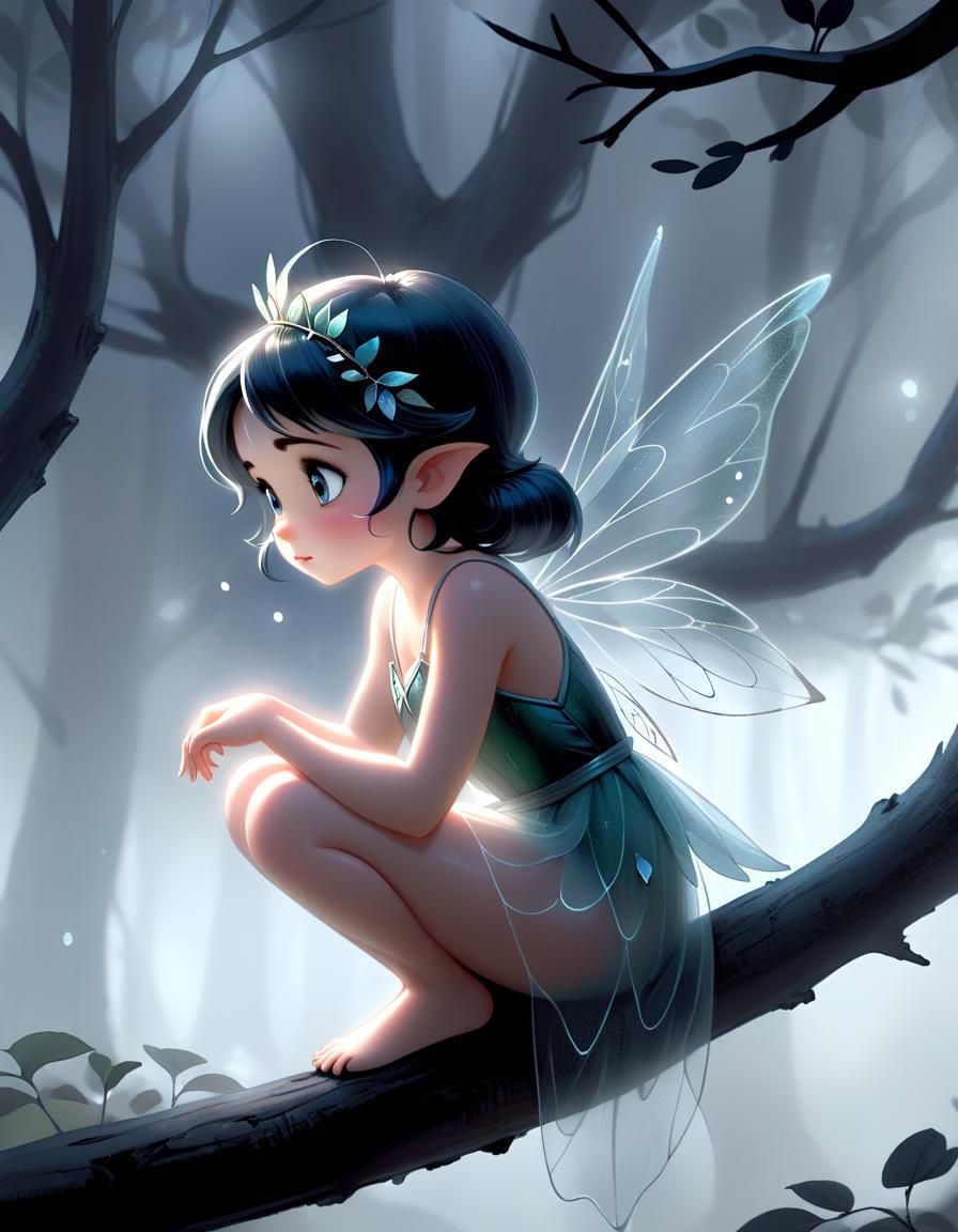Toddler Fairy in Dark Forest, Cartoon Illustration