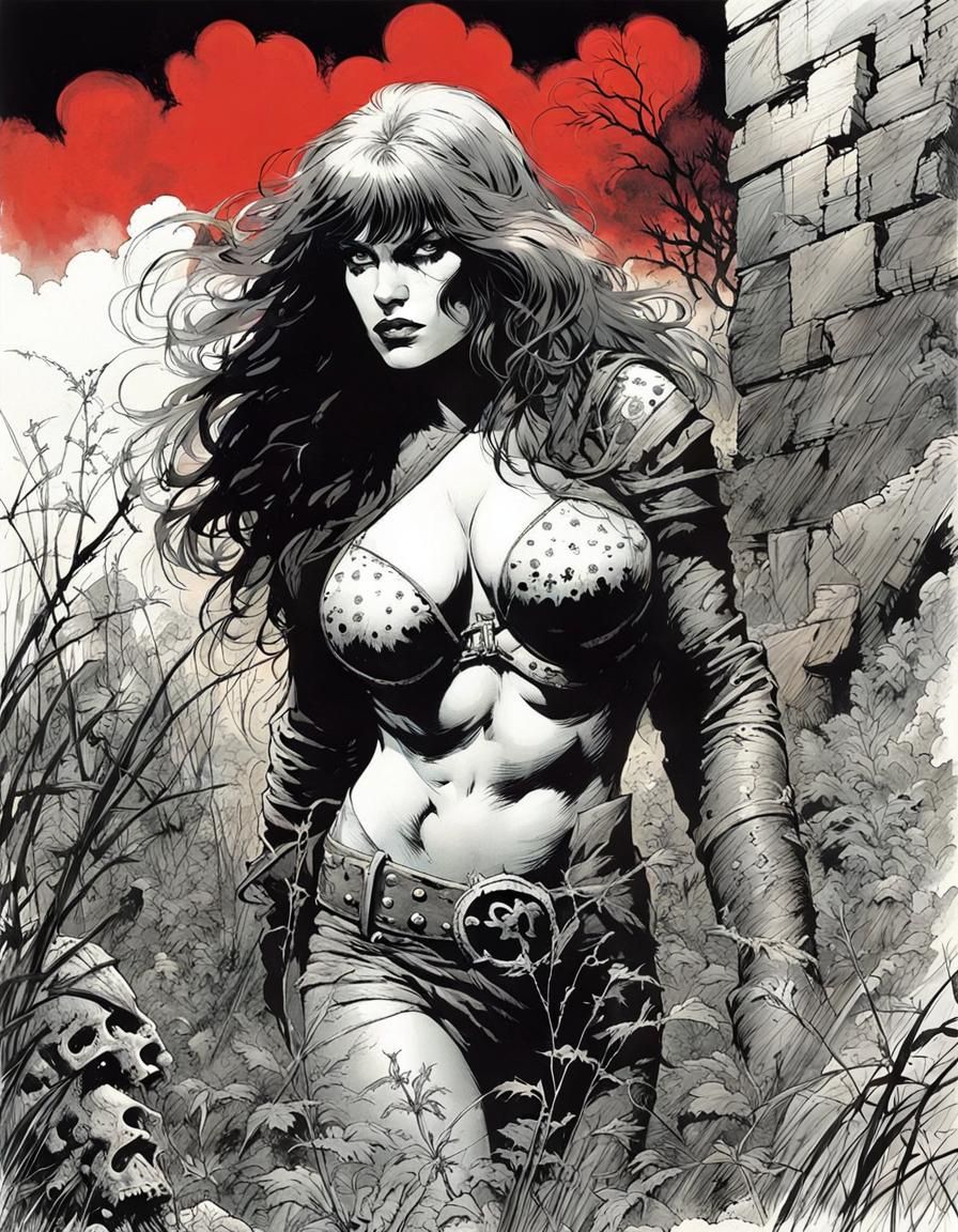 Red Sonja in Ruins: A Moody Black and Red Portrait