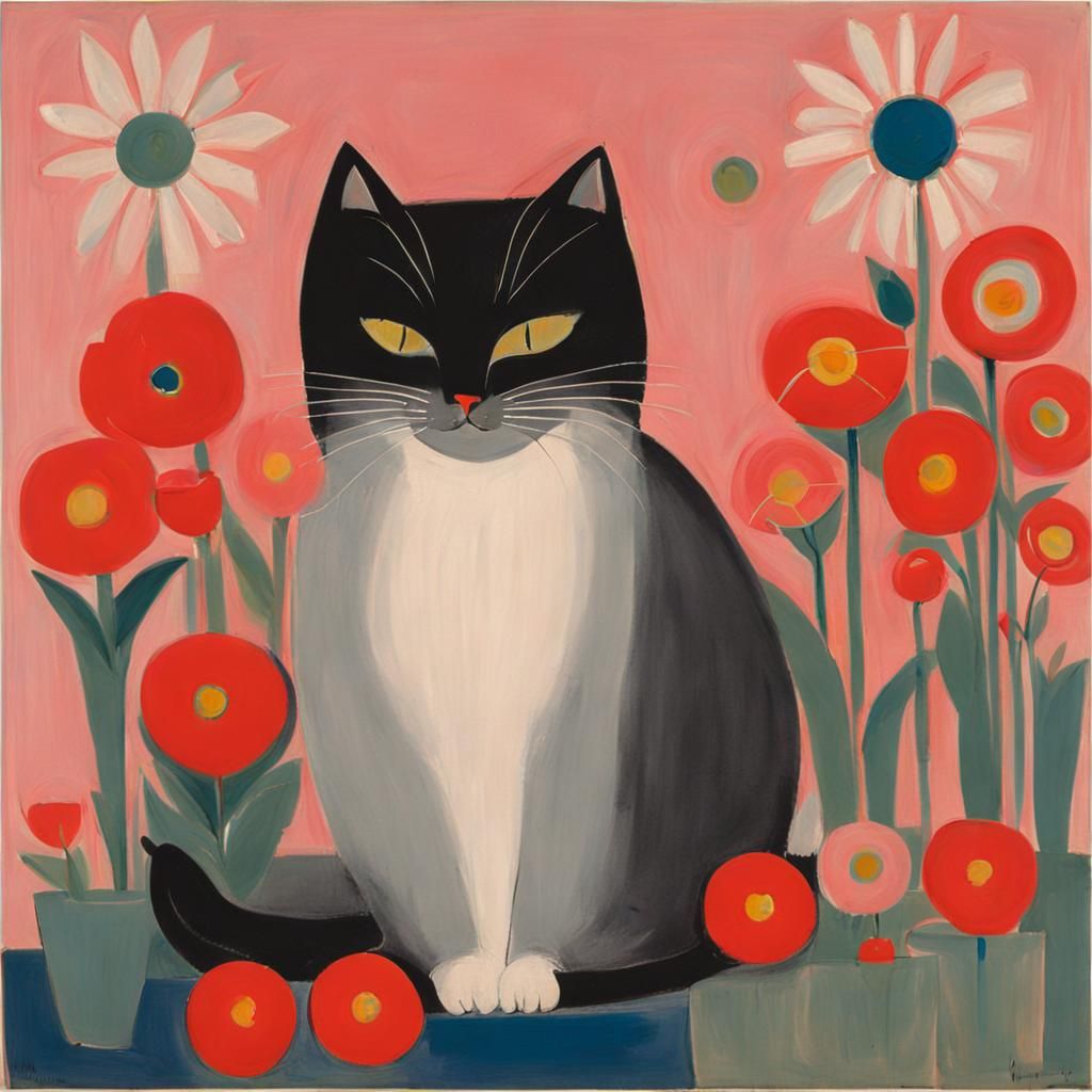 Abstract Cat in Whimsical Bloom, Inspired by St. Ives Style