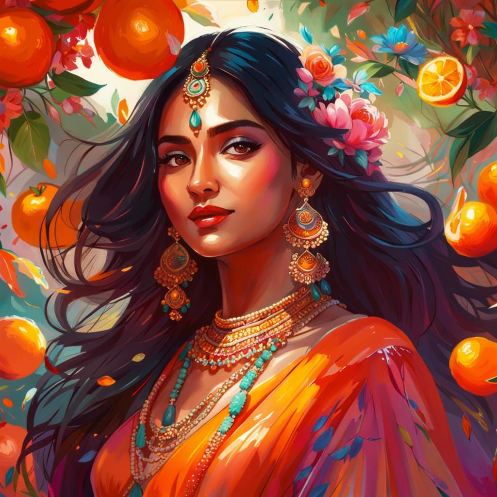 Indian Girl Dancing in Garden, Digital Art