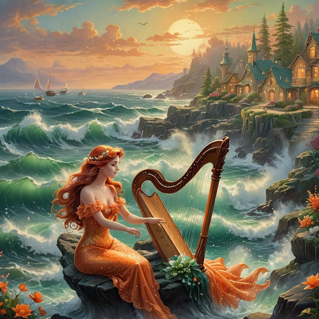 Little Mermaid Playing Harp on Emerald Shore