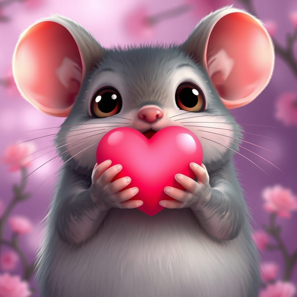 Adorable Mouse Holding a Delicate Pink Heart in a Soft Viole...
