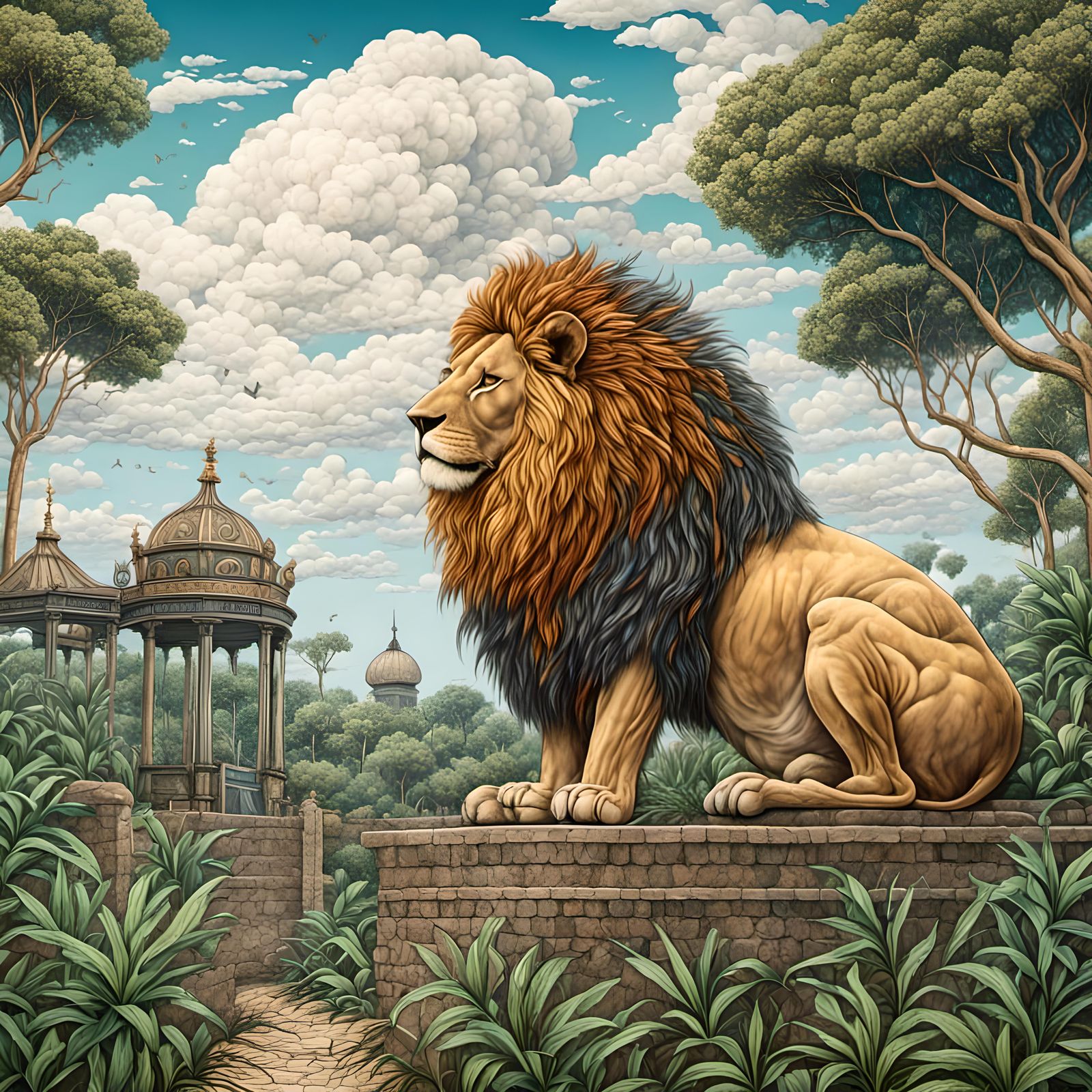 Detailed Lion Illustration in Zoo Setting