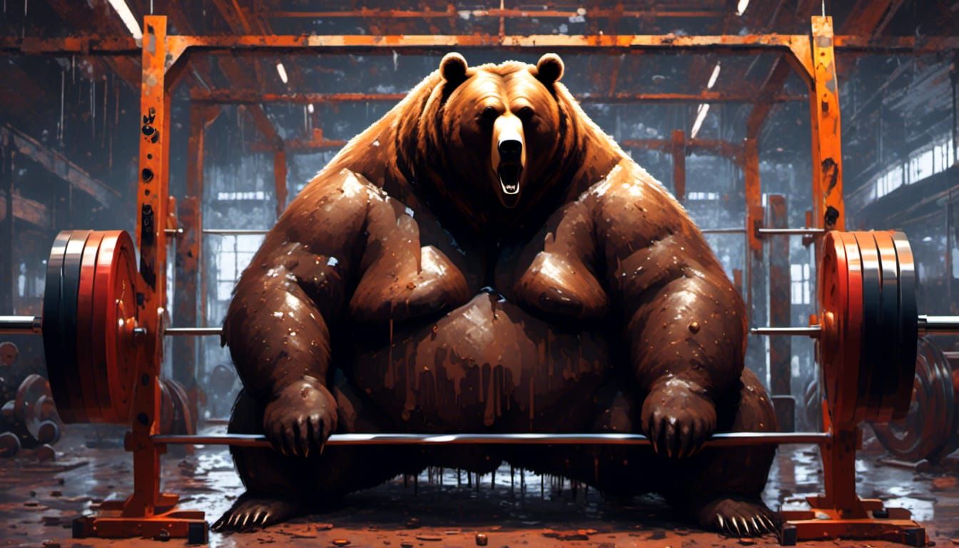 Obese Bear Lifting Weights in Gym, Detailed Photo