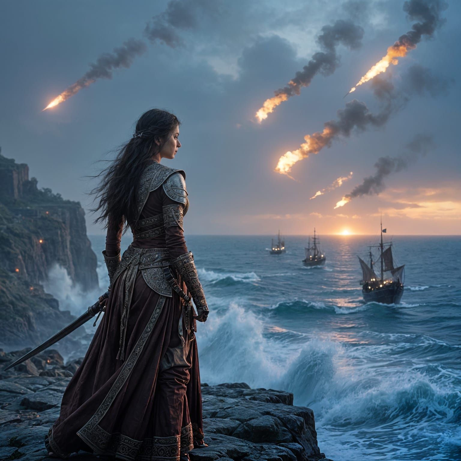 Medieval Indian Warrior Princess on Cliff Overlooking Battle