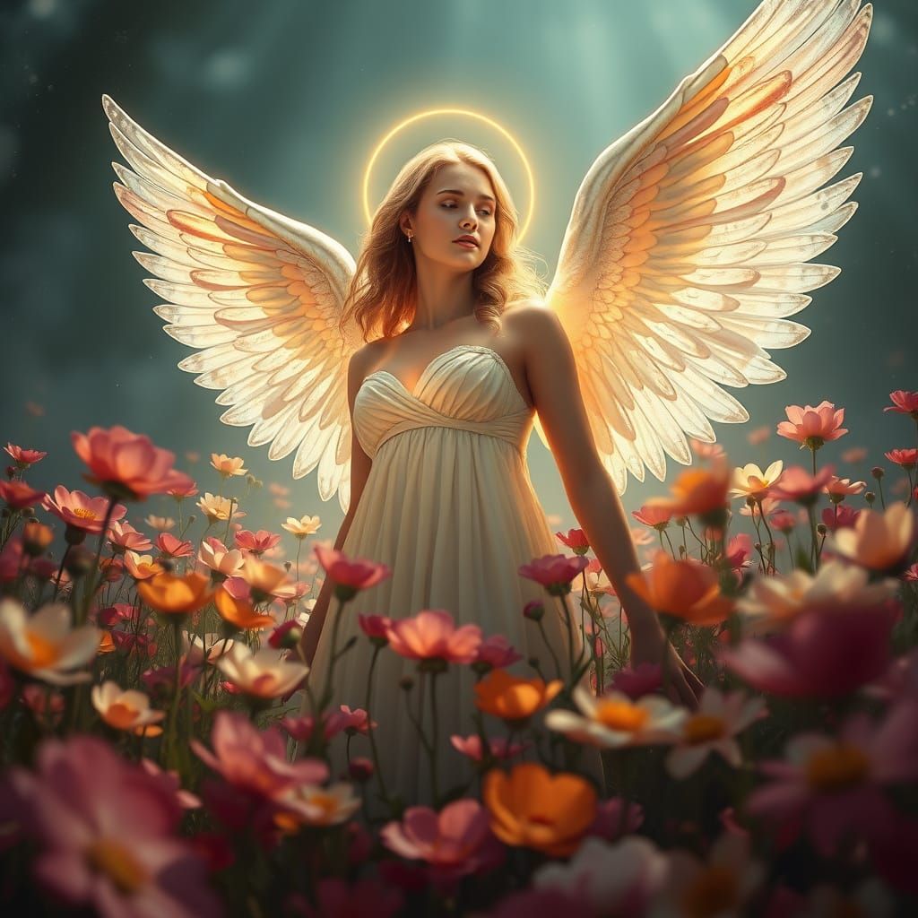 Angel of Serenity in Vibrant Floral Paradise