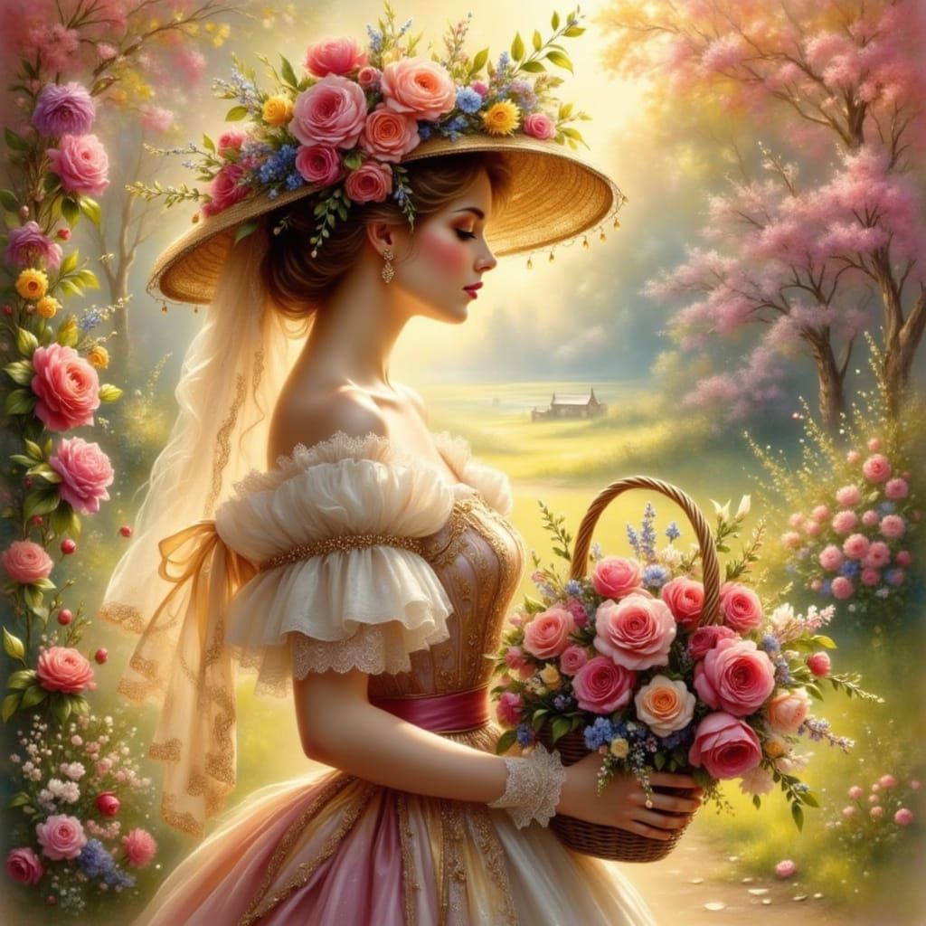 Victorian Lady with Flowers in Impressionist Style