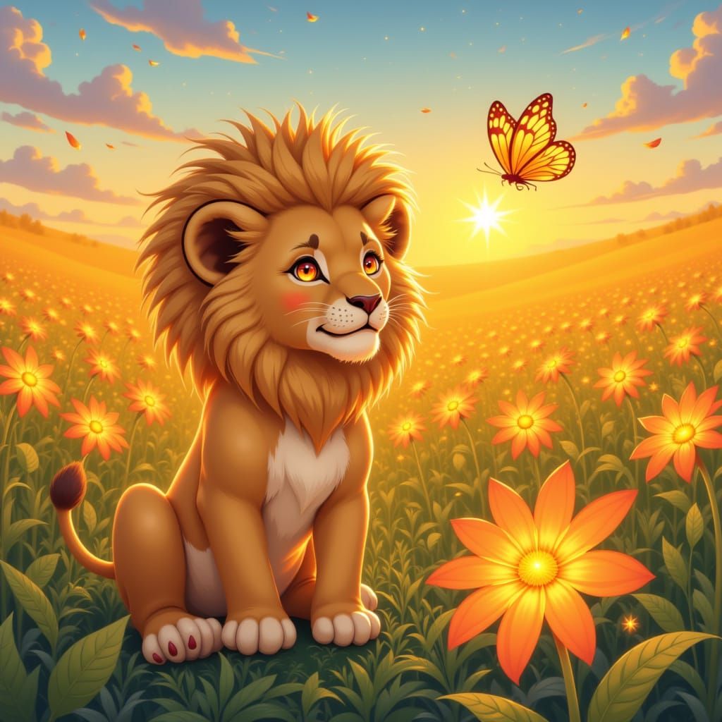 Lion Cub Chases Butterfly in Luminous Wildflower Field