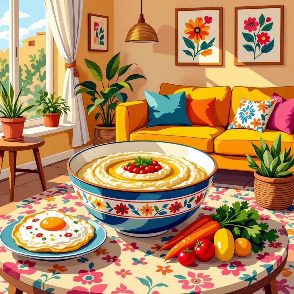 Humorous Hummus Babysitting Omelet in Israeli Living Room