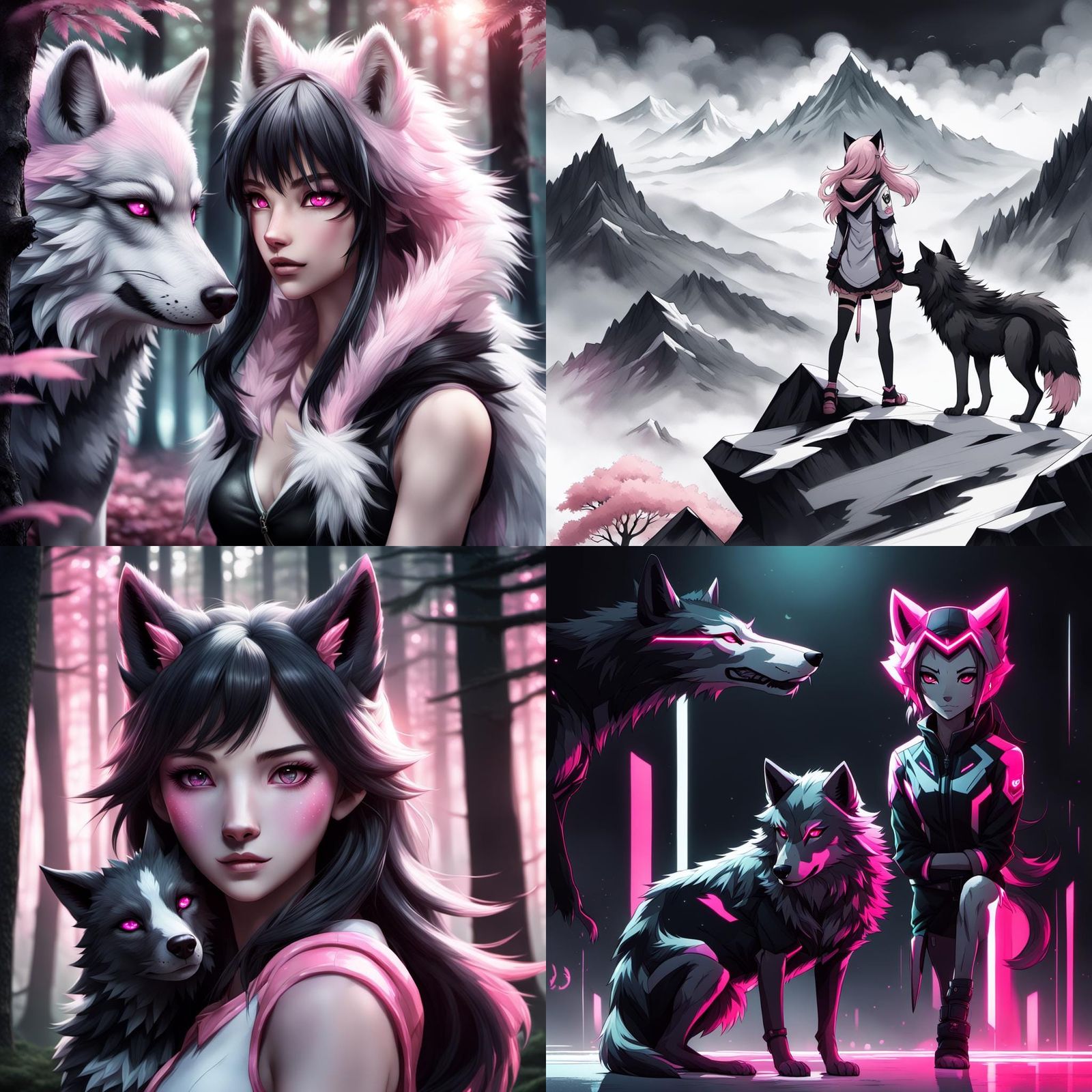 Anime Wolf Girl with Detailed Black and White Wolf