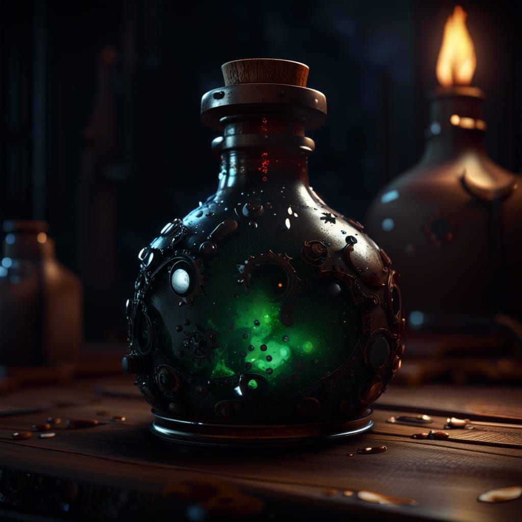 Potion Bottle of Liquid Darkness, 3D Cinematic Graphics