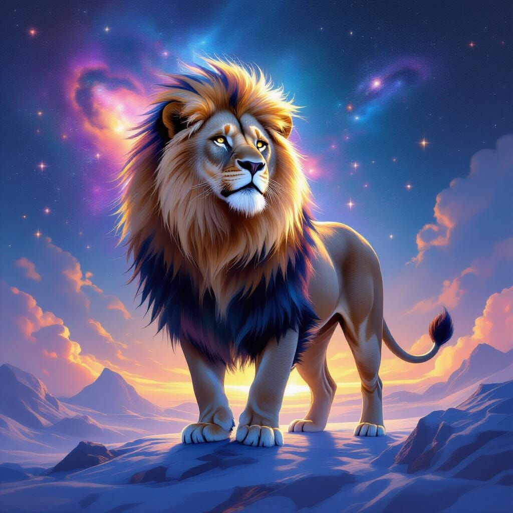 Majestic Lion with Starry Mane on Crystalline Planet