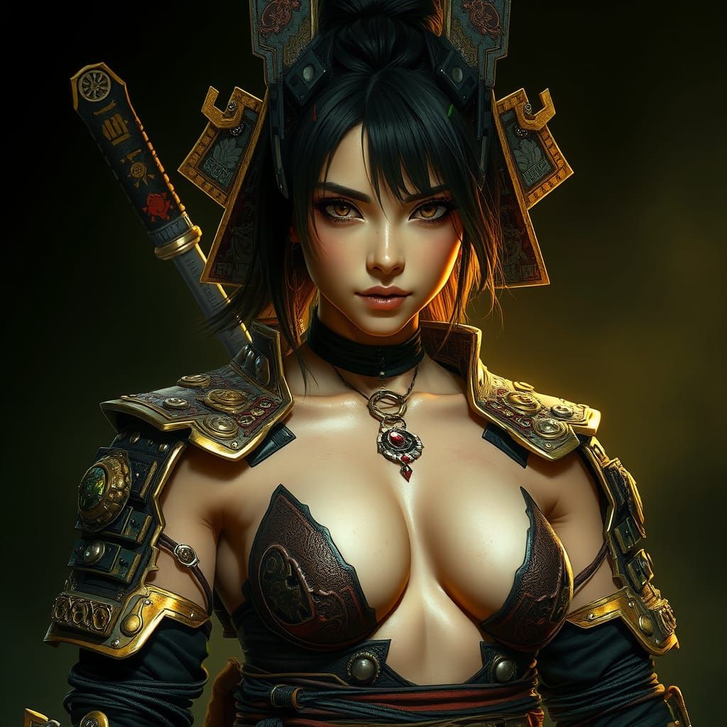 Cybernetic Samurai with Futuristic Armor, Hyperrealistic Por...