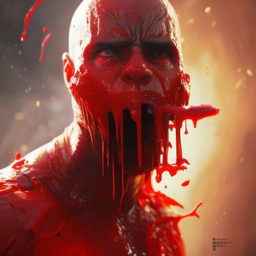 Hyperrealistic Cannibal Feast in Red Liquid