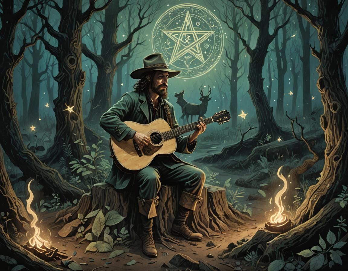 Eerie Forest Musician in Illustrated Style