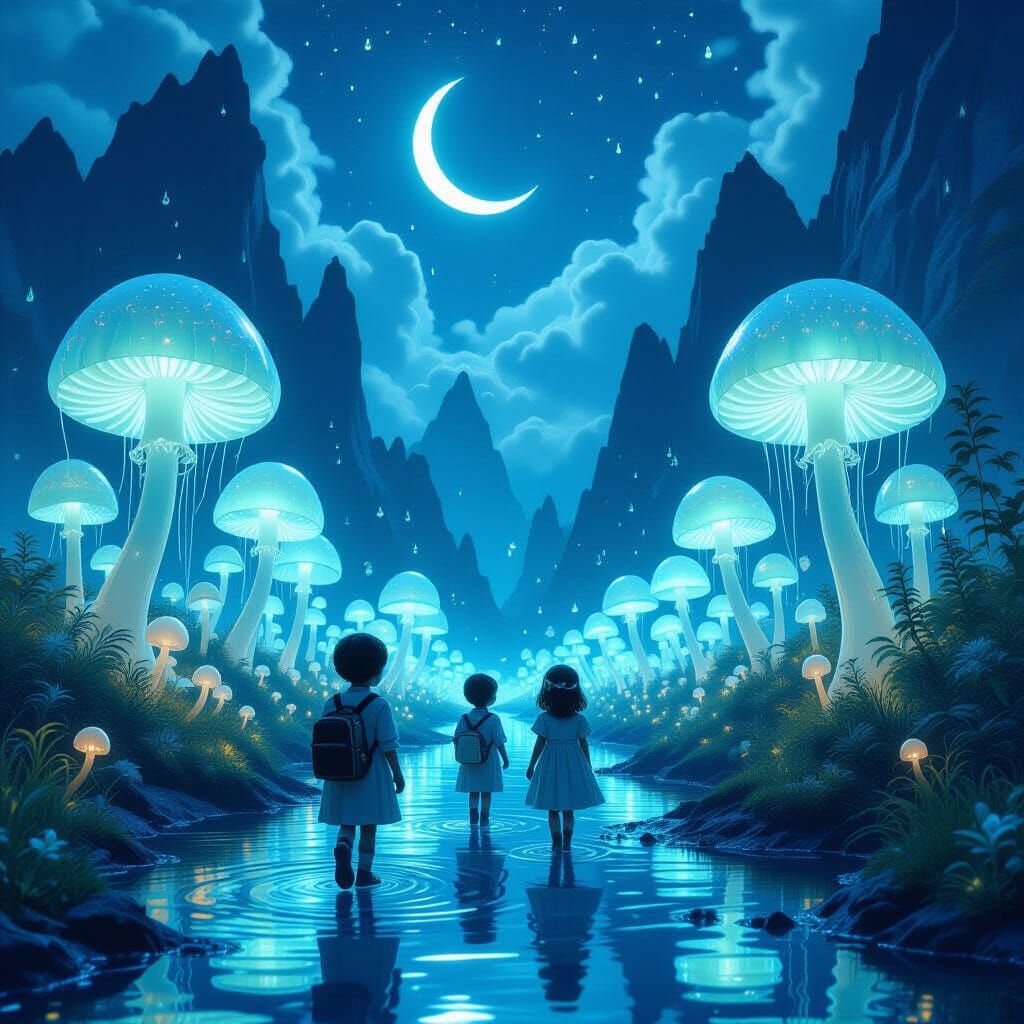 Clockwork Children in Bioluminescent Forest, Dreamlike Illus...