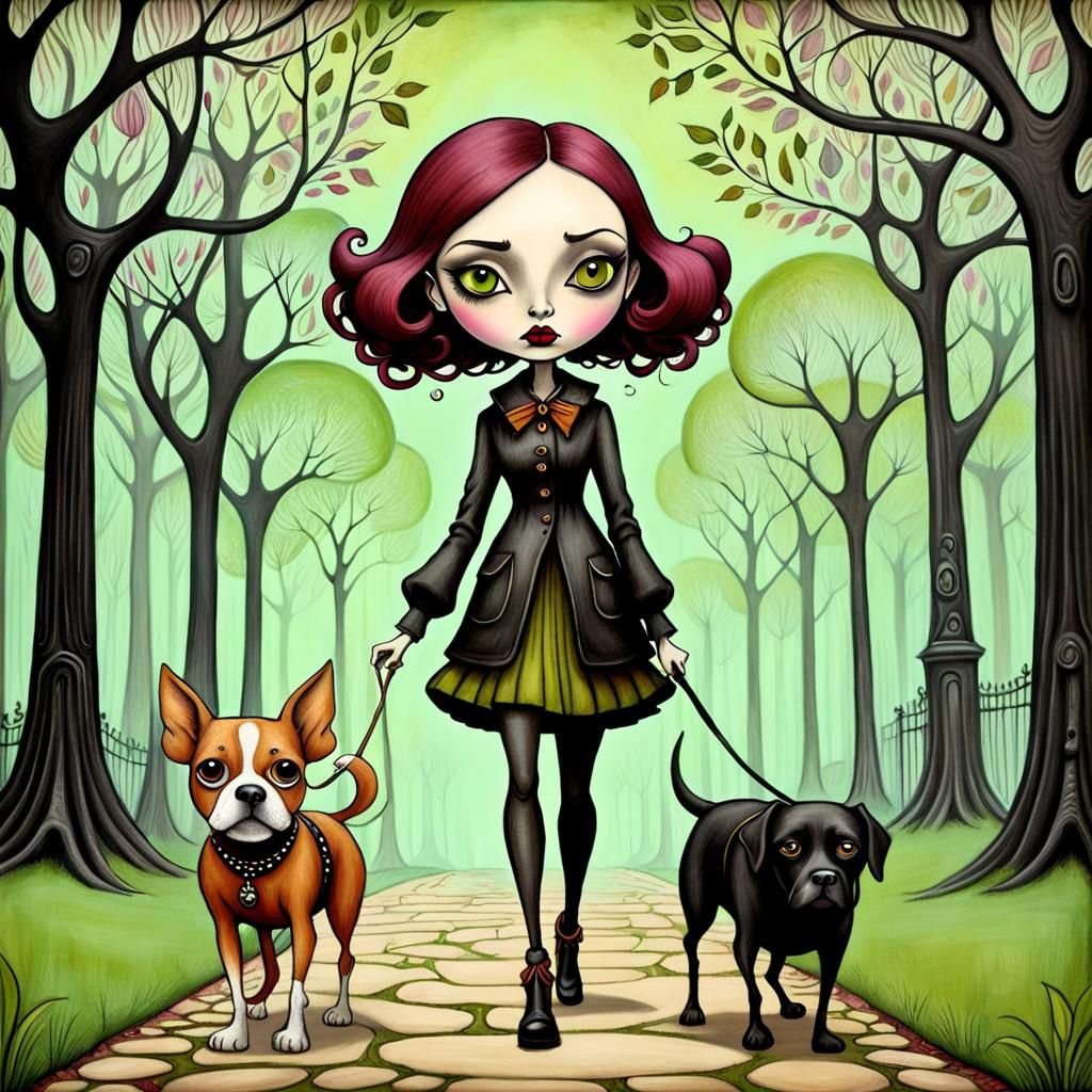 Girl Walking Dog in Surreal Art Nouveau Park