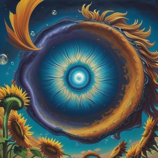 Surreal Sunflower Sky with Teal Clouds and Joyful Raindrops