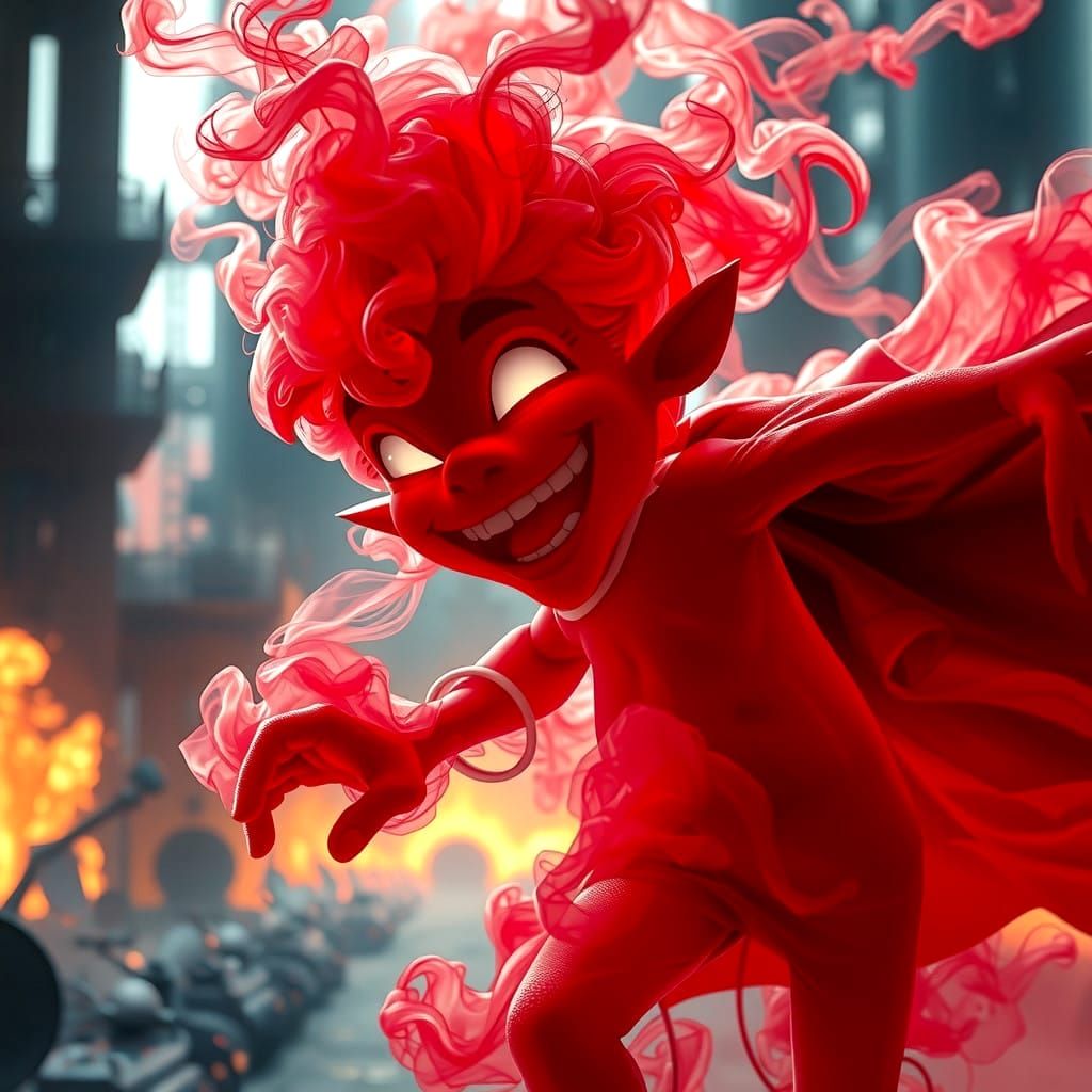 Smiling Smoke God Runs Through Burning Factory