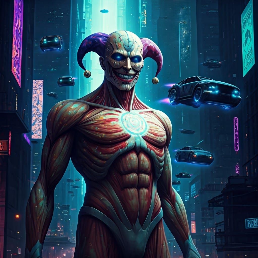 Laughing Deathlock Titan in Cyberpunk Cityscape