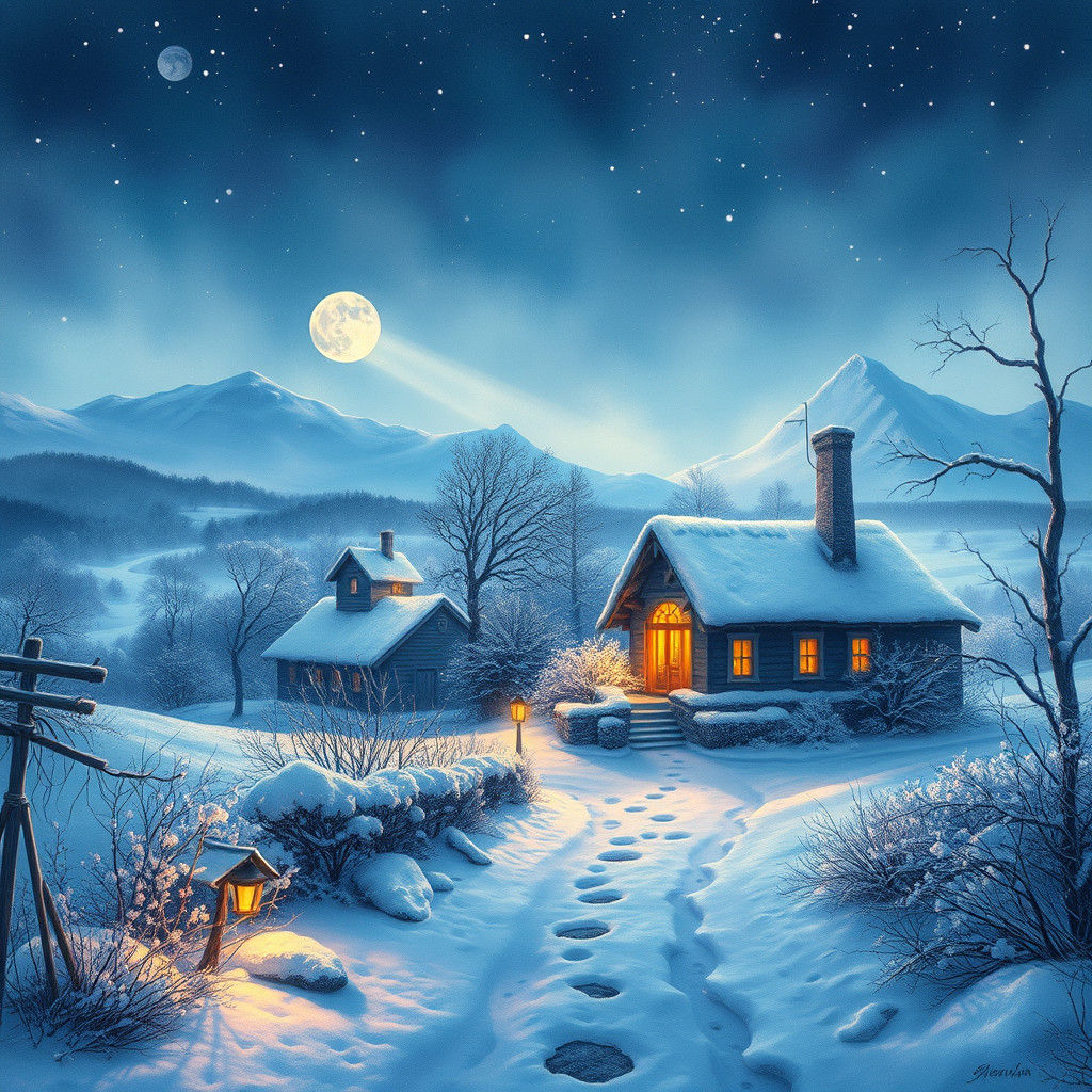 Snowy Countryside Night in Matte Painting Style
