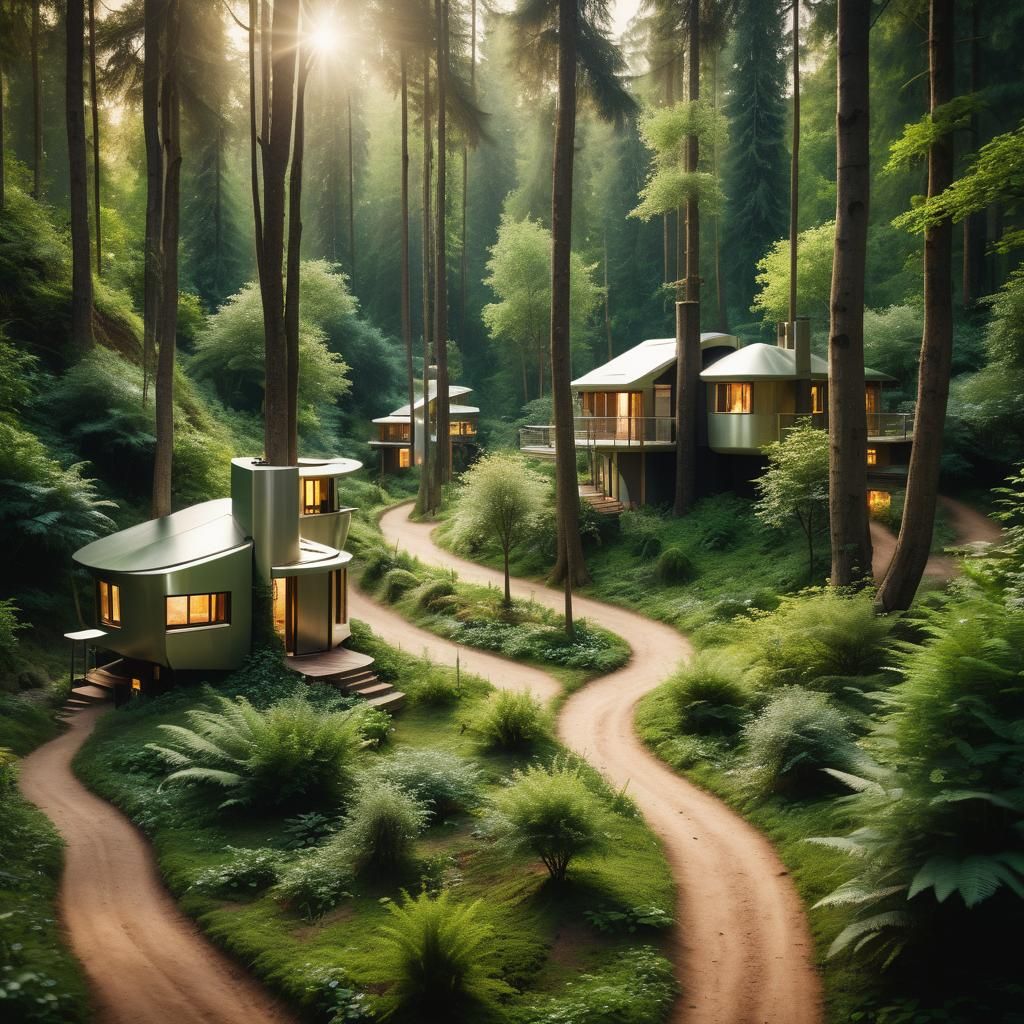 Rustic Futuristic Village in Lush Forest: DSLR Photography