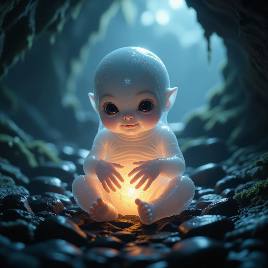 Translucent Baby Creature in Misty Cavern: Hyperrealistic De...