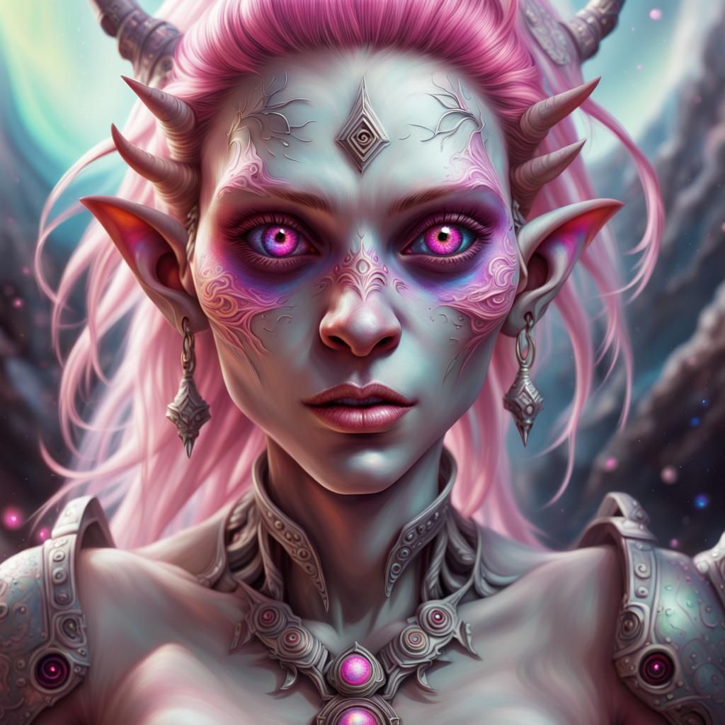 Pink-Eyed Half-Orc Woman in Holographic Astral Art