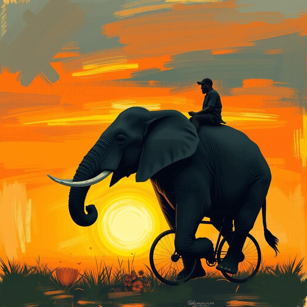 Elephant Rides Bicycle in Abstract Sunset