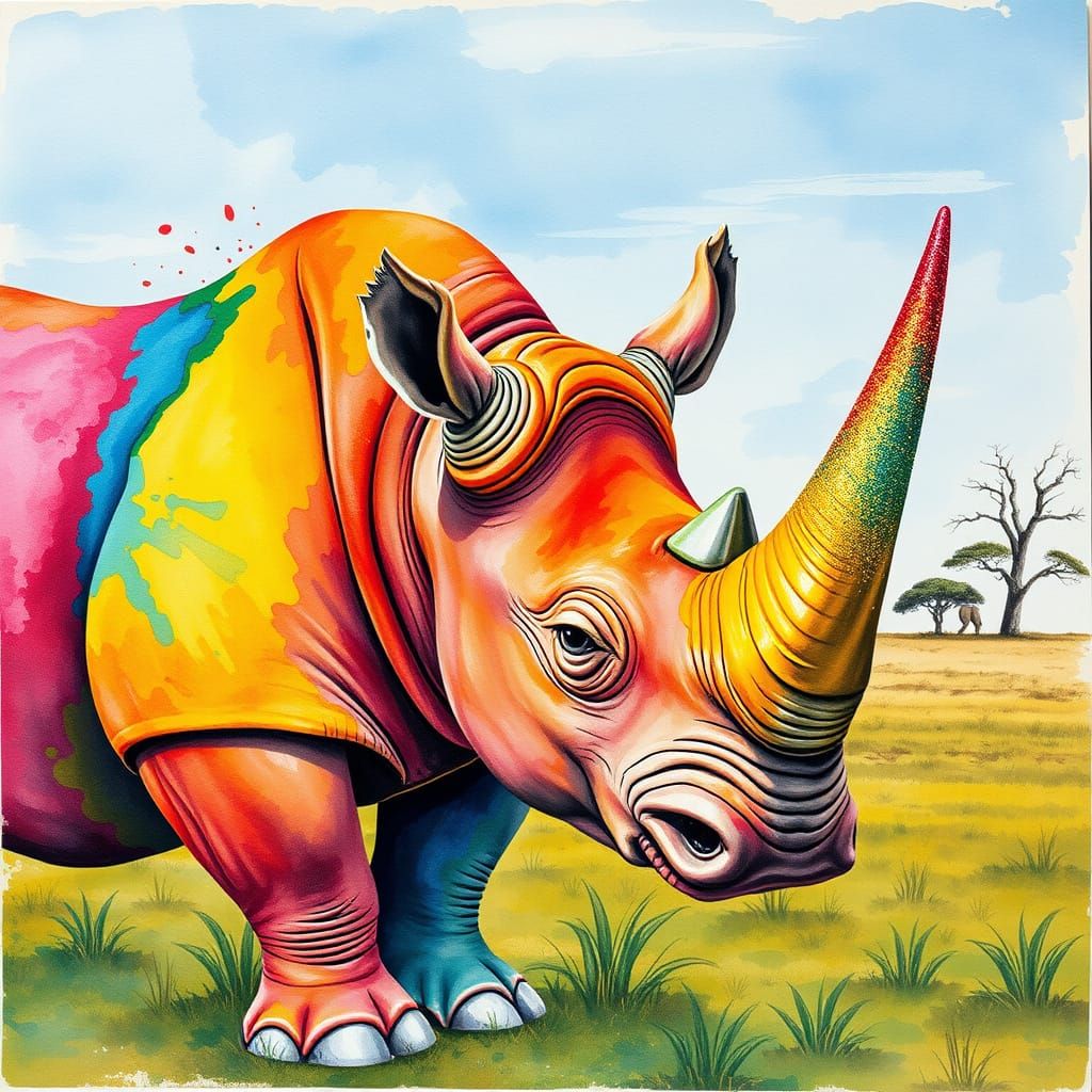 Vibrant Rhino in a Watercolor Savannah