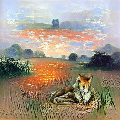 Fox in Field at Sunrise, Impressionistic Style